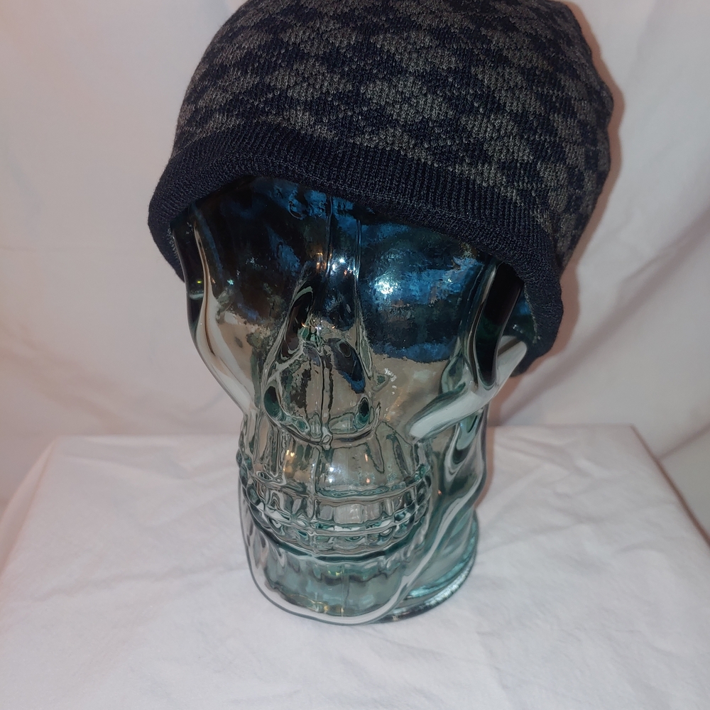 Vintage Y2K Black and Gray Checker Beanie Reversible Black Blue And Grey Stripes